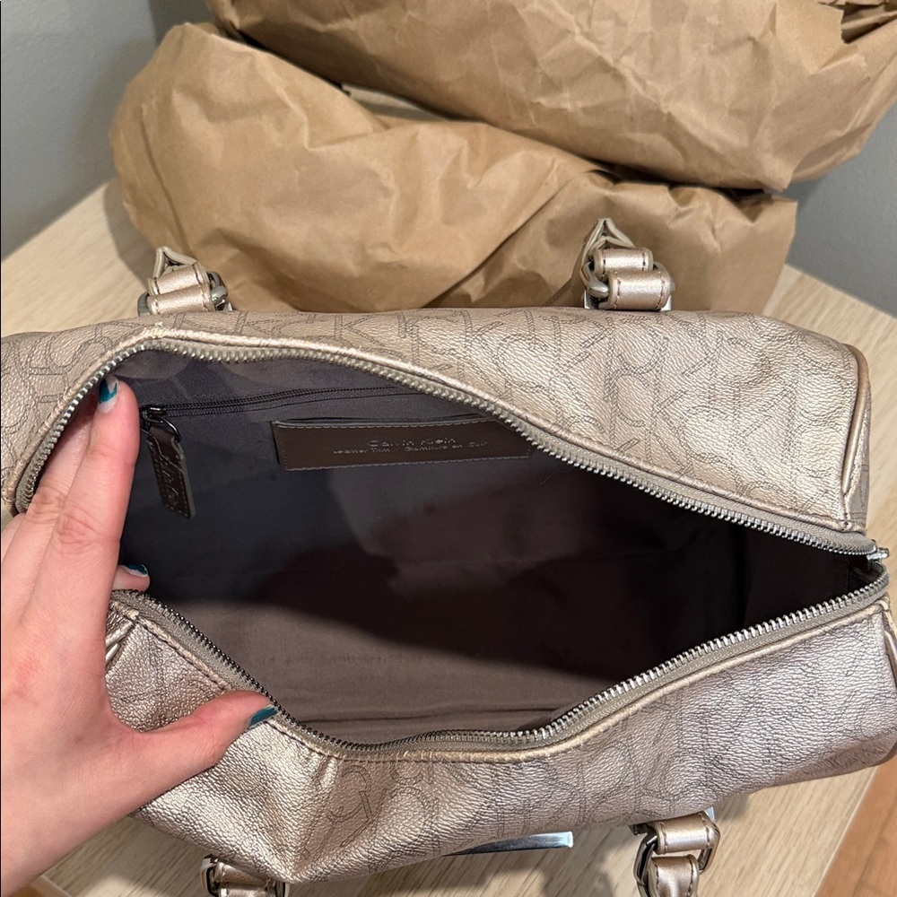 Calvin Klein Metallic Taupe Leather Satchel with Shoulder Strap/ Excellent - Picture 13 of 16